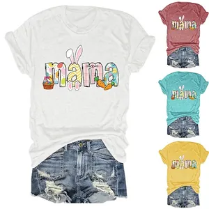 Women T-Shirt Easter Mama Graphic Print Cotton Blend Short Sleeve Casual Round Neck Holiday Top