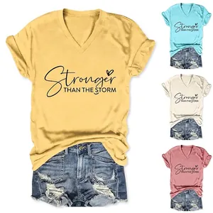 T-Shirt Da Donna Con Scollo A V E Maniche Corte In Misto Cotone Stronger THAN THE STORM Lettera Cuore Grafica Stampa Top Casual
