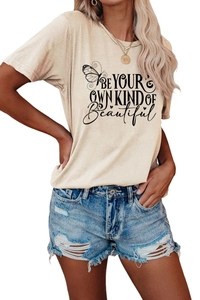 Detail of crew neck T-shirt featuring 'Be Your Own Kind of Beautiful' butterfly print