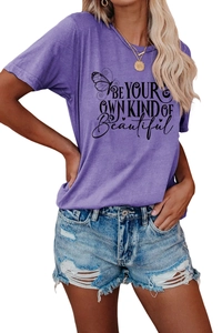 Detail of lavender cotton T-shirt featuring 'Beautiful' typography and butterfly print