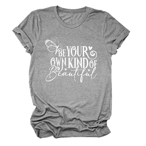 Detail of heather grey t-shirt featuring butterfly print and beautiful quote text