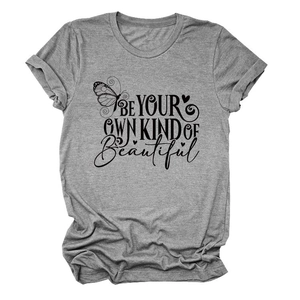 Close-up of grey marl t-shirt featuring butterfly graphic and beautiful lettering