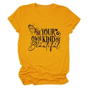 Detail of yellow cotton T-shirt featuring butterfly print and beautiful slogan
