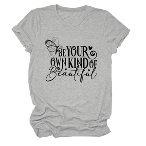 Detailed flat lay of heather grey T-shirt with BE YOUR OWN KIND OF Beautiful print