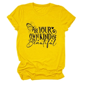 Detail of yellow cotton T-shirt featuring black butterfly print and artistic typography