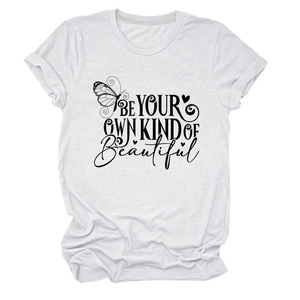 Close-up of butterfly and motivational lettering on white cotton crew neck T-shirt