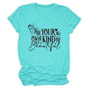 Detail of teal crew neck t-shirt with butterfly print and inspirational text slogan