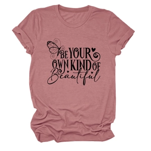 Detail of crew neck T-shirt in dusty rose with BE YOUR OWN KIND OF beautiful text print