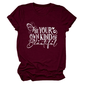 Detail of burgundy T-shirt with butterfly print and Be Your Own Kind of Beautiful text