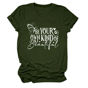 Detailed screen print of butterfly and inspirational quote on dark green T-shirt
