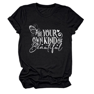 Detail of black cotton T-shirt featuring Be Your Own Kind Of Beautiful print and butterflies