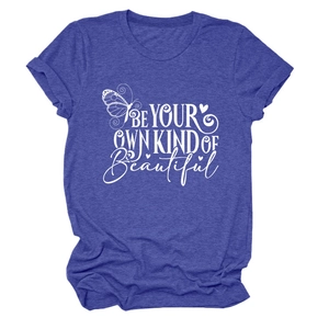 Detail view of Be Your Own Kind of Beautiful text with butterfly print on heather blue shirt