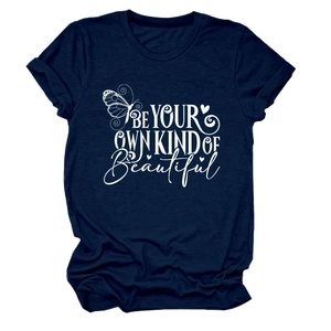 Detail of navy blue t-shirt with Be Your Own Kind of Beautiful text and butterfly