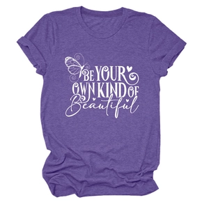 Detail of purple heather crew neck T-shirt with 'Be Your Own Kind Of Beautiful' print
