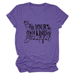 Detail of the heather purple T-shirt fabric with BE YOUR OWN KIND OF beautiful print