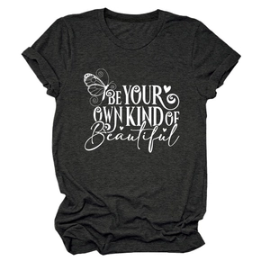 Detail of dark gray crewneck T-shirt with 'Be Your Own Kind Of Beautiful' print