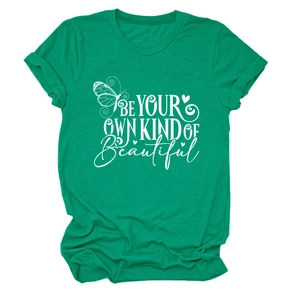 Detail of rolled sleeve and butterfly art print on green cotton t-shirt for women