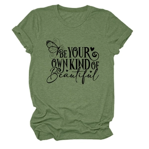 Close-up of army green crewneck T-shirt showing printed butterfly and letter art