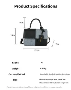 Detailed size chart for black and grey PU leather crossbody bag with dimensions and weight