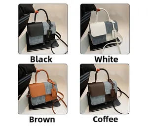 Detail view of four-color patchwork leather crossbody bags with fashion logo tags