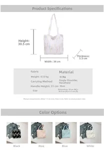 Detailed size chart and parameter guide for the printed canvas tote bag with dimensions