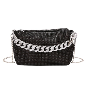 Elegant black rhinestone bucket evening bag with silver crystal chain handle and crossbody strap