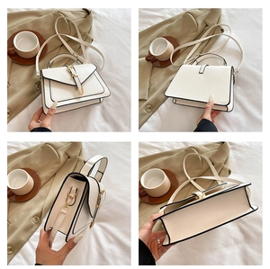 Vues détaillées de tous les côtés d'un sac bandoulière blanc avec bordures noires