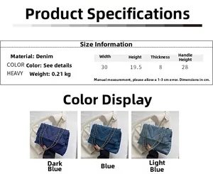 Πίνακας μεγεθών για τσάντα denim με διαστάσεις, βάρος και επιλογές σε μπλε χρώματα
