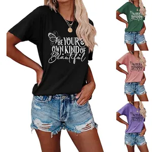 Women Loose Casual Cotton Blend Round Neck Short Sleeve T-Shirt Butterfly Inspirational Letter Print Graphic Top