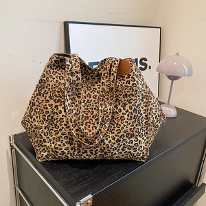 Leopard Print Canvas Tote Bag Large Capacity Commuter Shoulder Handbag For Women Fashion Casual Style