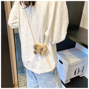 Détail d'un mini sac papillon doré avec chaîne, porté par un mannequin en intérieur chic