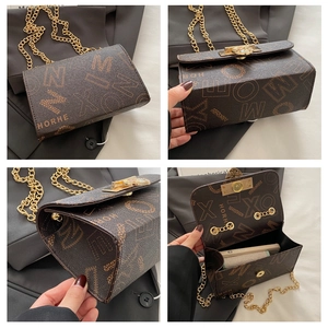 Detailed views of brown letter print crossbody bag showing chain and interior space
