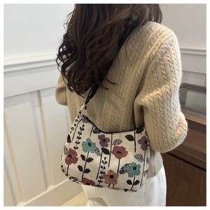 Detail of vintage floral jacquard shoulder bag showing the colorful pattern and texture