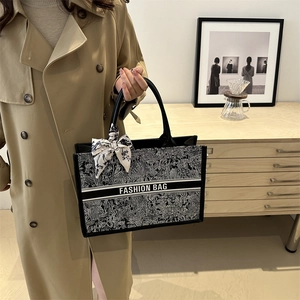 Chic monochrome embroidered tote bag with fashion scarf and large capacity design