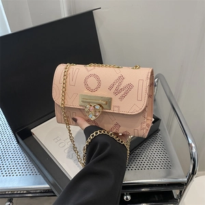 Vintage Letter Print Small Square Bag Synthetic Leather Chain Shoulder Crossbody Bag With Heart Shaped Rhinestone Lock For Women Elegant Party Handbag