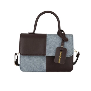 Minimalist square crossbody bag with brown leather and grey felt patchwork design