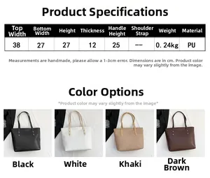Detailed size chart and dimensions for the large capacity PU leather tote handbag