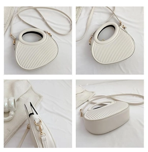Detailed views of a white pleated crossbody bag with a unique cutout handle and slim strap