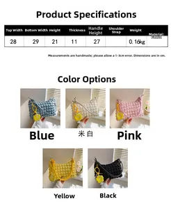 Size chart showing macaron soft tote bag dimensions and five color options in fabric