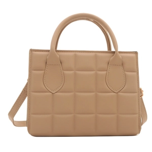 Quilted beige square handbag with dual handles and detachable crossbody shoulder strap