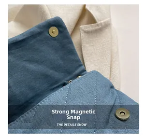 Détail d'un sac en tissu bleu matelassé avec fermeture à boucle magnétique forte