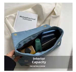 Vue de dessus d'un sac en denim bleu avec fermoir magnétique doré et grand intérieur