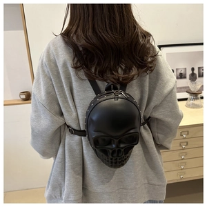 Détail du mini sac à dos tête de mort 3D avec fini noir mat et rivets en métal argenté