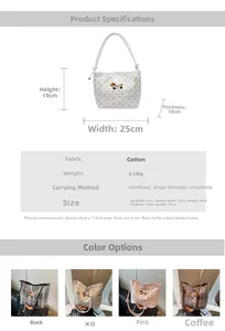 Detailed size guide and color chart for the embroidered canvas bucket bag in four shades