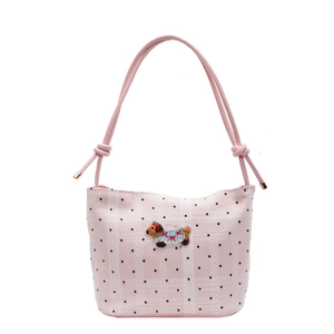 Pink striped bucket bag with polka dots and puppy embroidery for casual fashion