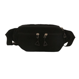 Large capacity black corduroy waist bag for students with triple zipper casual design
