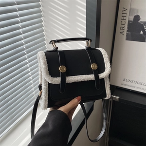Women Retro Preppy Faux Shearling Trim PU Leather Shoulder Crossbody Bag Square Flap Handbag With Gold Hardware