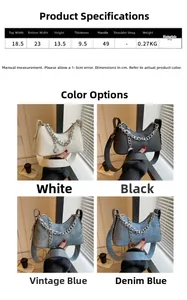 Detailed size chart and four color options for the fashion PU leather underarm bag