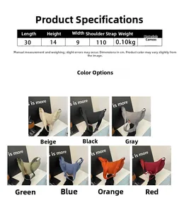 Detailed canvas crescent bag size chart and multi-color selection overview