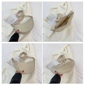 Four-angle detail of beige nylon crescent bag showing structure, zipper, and adjustable strap